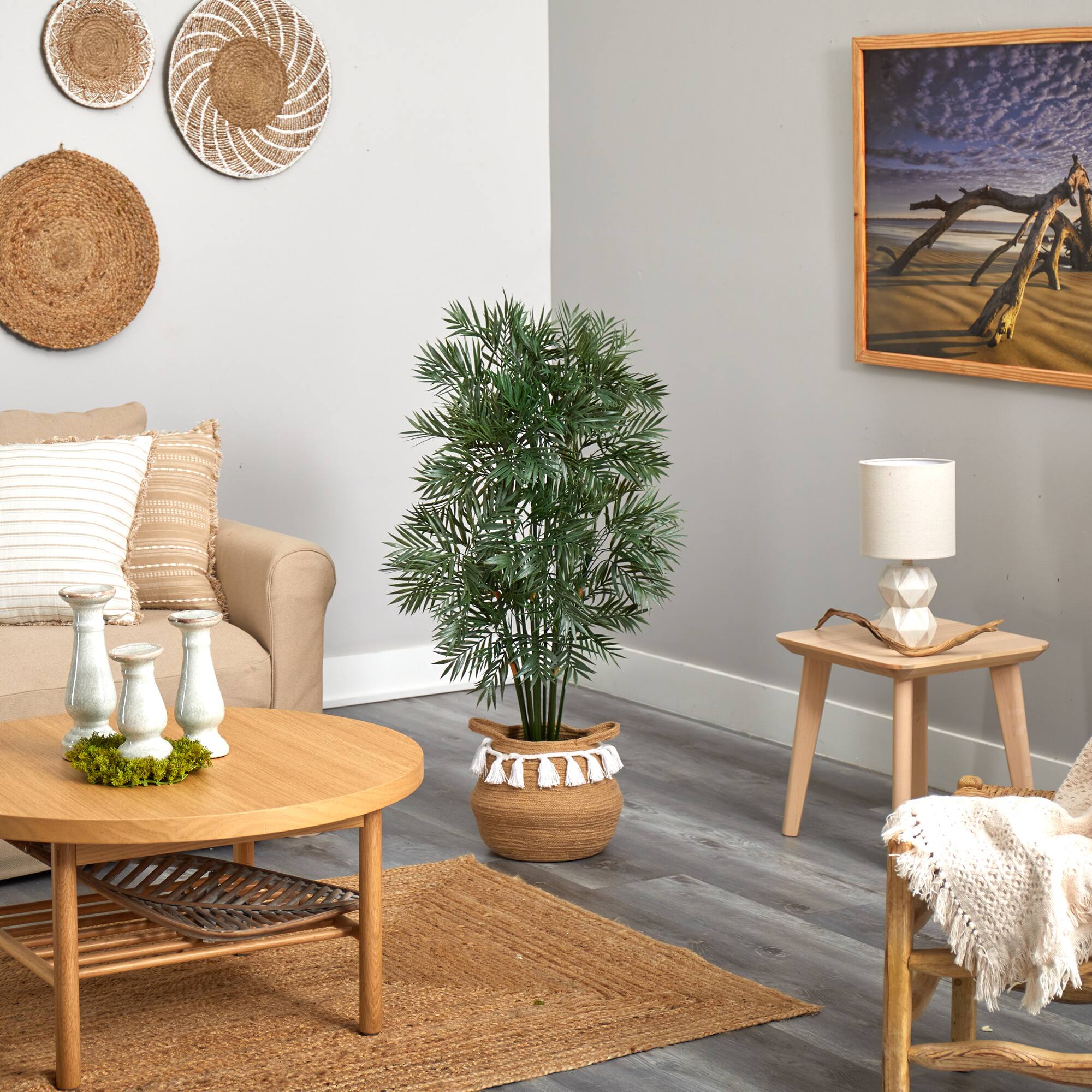 4ft. Parlor Palm Artificial Tree in Boho Chic Handmade Natural Cotton Woven Planter with Tassels